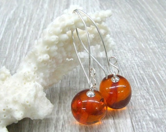 Genuine Baltic amber ball earrings, Long round drop earrings, sterling silver earrings with natural honey amber, designer fashion jewelry