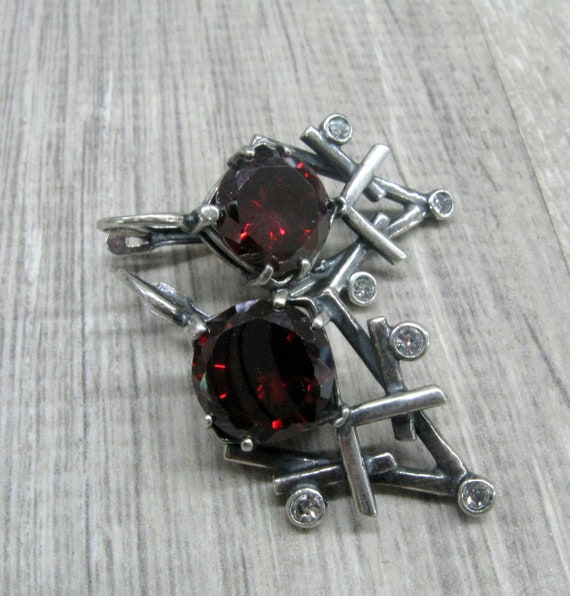 Russian vintage silver earrings Red garnet imitat… - image 3