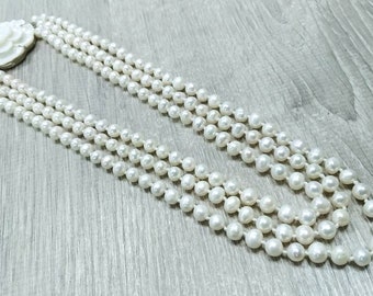 Multi strand freshwater pearl necklace triple pearl strand with carved mother of pearl flower closure wedding jewelry mother of bride gift