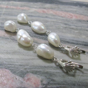 Long nugget pearl earrings natural white baroque pearl drop earrings in sterling silver with shell shaped top image 6