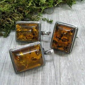 USSR Vintage Baltic Amber Ring Earrings set Brown amber rectangular stones dark silver size 8 ring geometric jewelry set for woman