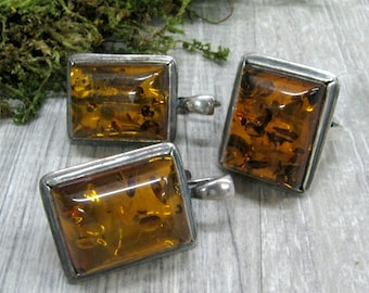 USSR Vintage Baltic Amber Ring Earrings set Brown amber rectangular stones dark silver size 8 ring geometric jewelry set for woman