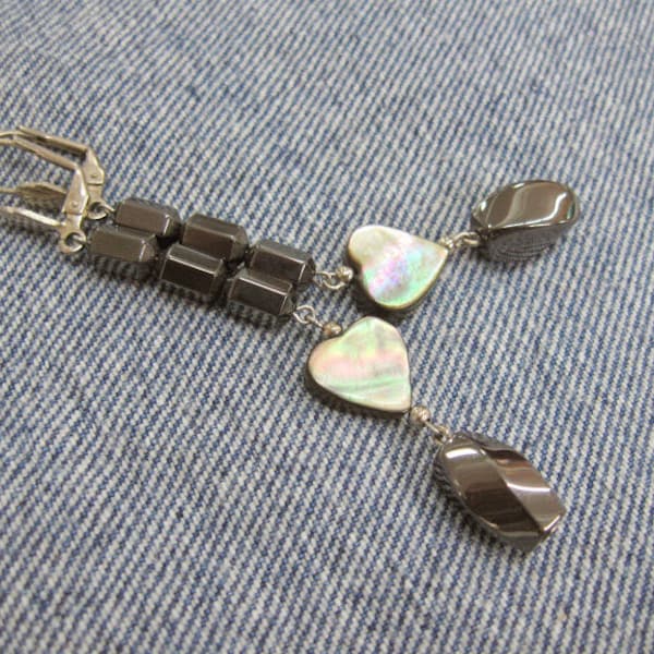 Long hematite earrings magnetite mother of pearl hearts metallic gray stone shell dangle earrings, magnetic therapy jewelry heart earrings