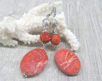 Large Oval Sponge Coral earrings soft red gemstone dangle earrings Genuine sea coral jewelry untreated porous corals Long Boho earrings