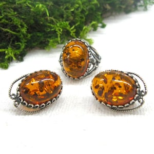 Honey Amber earrings ring jewelry set oval amber gemstone dark silver gift for mom auntie granny USSR nostalgia vintage jewelry 70s retro