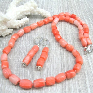 Colar de coral rosa brincos conjunto em forma de barril contas de coral colar de pedras preciosas fio de coral natural 19 polegadas 35 presente de aniversário de casamento