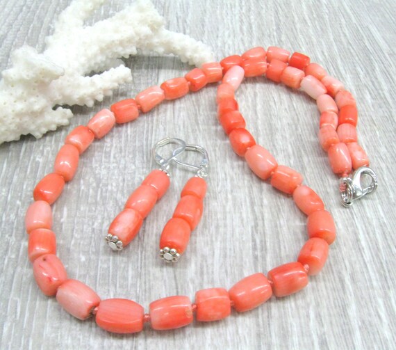 Pink Coral Necklace earrings set barrel shaped coral beads gemstone necklace natural coral strand 19 inches 35 wedding anniversary gift