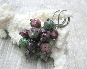 Ruby in Zoisite Cluster Earrings Purple Pink Green Black natural gemstone earrings rare semiprecious stone jewelry
