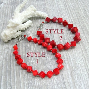 Natural Red Coral cube Bracelet wrist size 7.5 8 inches genuine modern coral jewelry red stone bracelet for woman