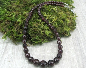 Genuine garnet beaded necklace for woman 17 inch strand graduated round beads January birthstone jewelry dark red gemstone necklace