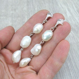 Long nugget pearl earrings natural white baroque pearl drop earrings in sterling silver with shell shaped top image 3