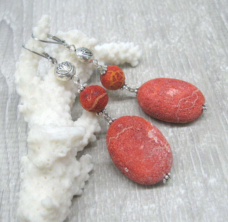 Large Oval Sponge Coral Earrings Soft Red Gemstone Dangle Etsy
