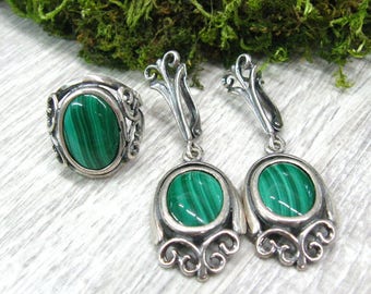 Green Malachite Ring Earrings set natural gemstone jewelry size 9 1/2 ring long earrings genuine malachite gemstone Vintage gift Ukraine