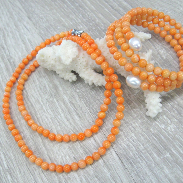 Orange coral necklace and bracelet set natural coral jewelry beaded necklace memory wire bracelet protective stone jewelry Ukrainian corals