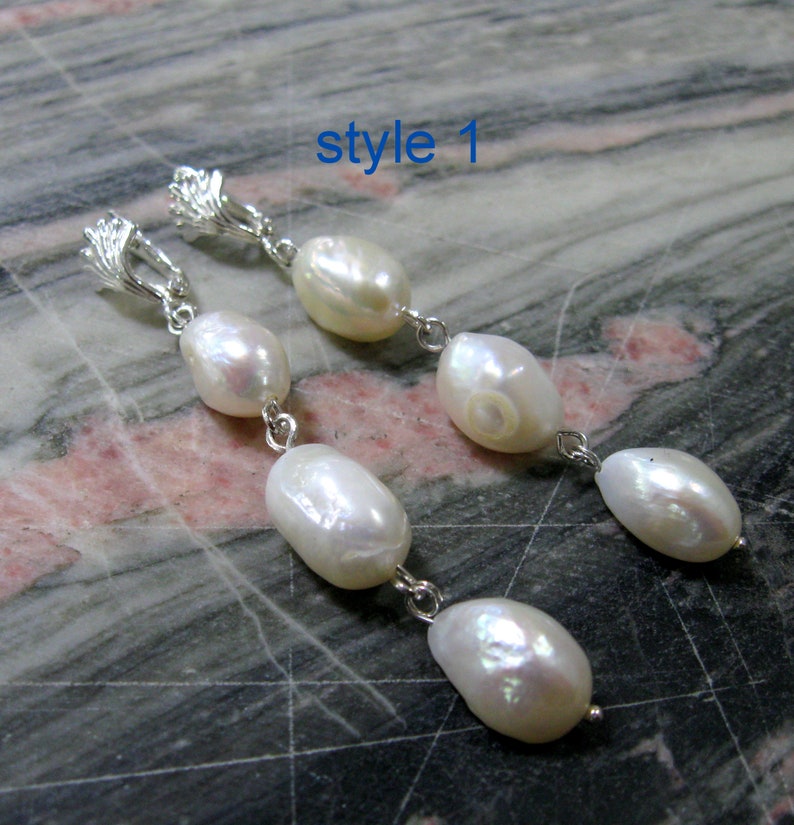 Long nugget pearl earrings natural white baroque pearl drop earrings in sterling silver with shell shaped top style 1