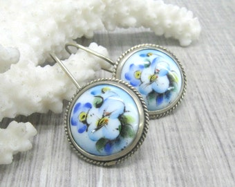Girlfriends gift collectors jewelry Blue enamel earrings Rostov finift round earrings flower earrings Russian enamel painted jewelry vintage