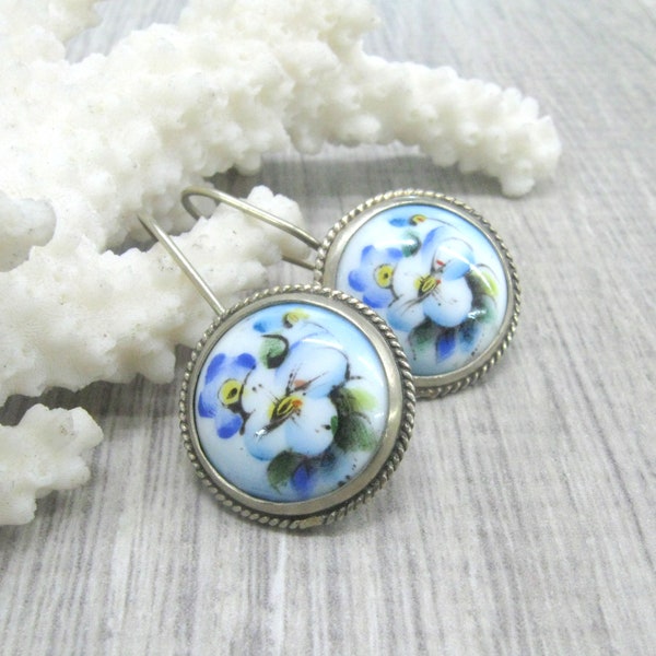 Girlfriends gift collectors jewelry Blue enamel earrings Rostov finift round earrings flower earrings Russian enamel painted jewelry vintage