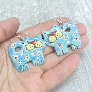Colorful Cats ceramic earrings I love my cat Ukrainian artisan jewelry Turquoise Dark blue Teal Green Cat lover gift for Cat Lady