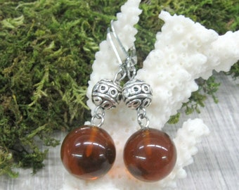 Natural Baltic Amber round drop earrings, Silver ball dangling earrings, Christmas gift, brown amber jewelry