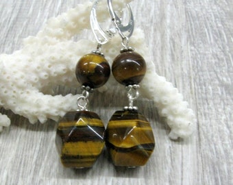 Tiger Eye dangle earrings in Sterling Silver natural brown gemstone protection and wealth jewelry