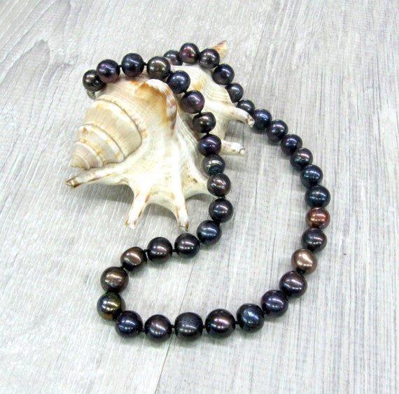 Real Black Pearl Necklace Dark Freshwater Pearls Rainbow Etsy