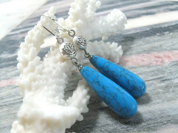 Turquoise Teardrop Earrings Blue Howlite gemstone dangle earrings turquoise imitation long earrings summer fashion sea beach office casual