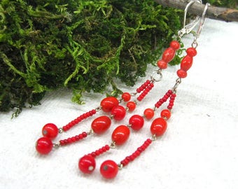 Best friends gift for bridesmaid girl Long Red Coral Earrings beaded chain earrings natural coral dangle earrings Ukrainian ethnic jewelry
