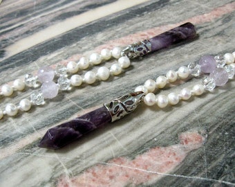 Amethyst Crystal Point pendant necklace on Long pearl strand purple lilac white crystal long necklace mixed crystals zen jewelry