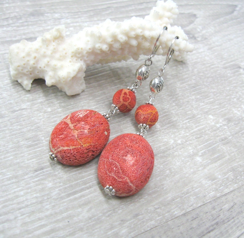 Large Oval Sponge Coral Earrings Soft Red Gemstone Dangle Etsy