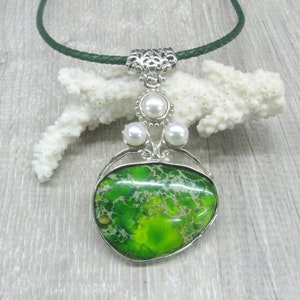 Green Sediment jasper pendant with freshwater pearls on green leather cord unusual gemstone statement necklace Christmas gift high fashion