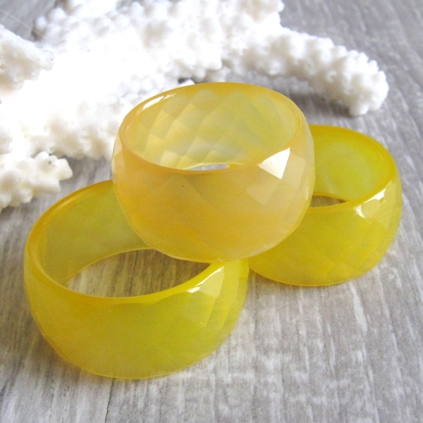 Sunny yellow agate solid stone wide faceted band size 8 8 1/4 11 3/4 his or her gemstone ring carved stone ring bright yellow summer jewelry