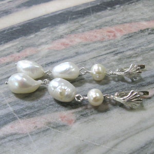 Long nugget pearl earrings natural white baroque pearl drop earrings in sterling silver with shell shaped top image 8