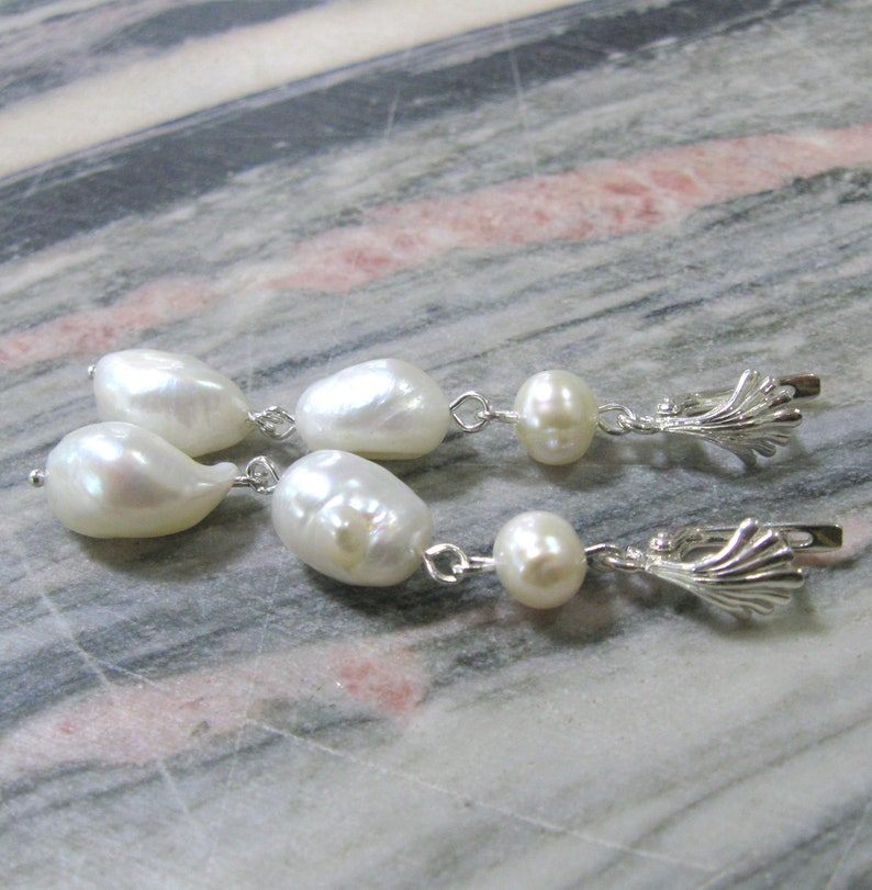 Long nugget pearl earrings natural white baroque pearl drop earrings in sterling silver with shell shaped top image 8