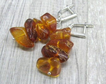 Baltic Amber Nugget Earrings in 925 sterling silver Natural untreated honey amber Leo birthstone gift