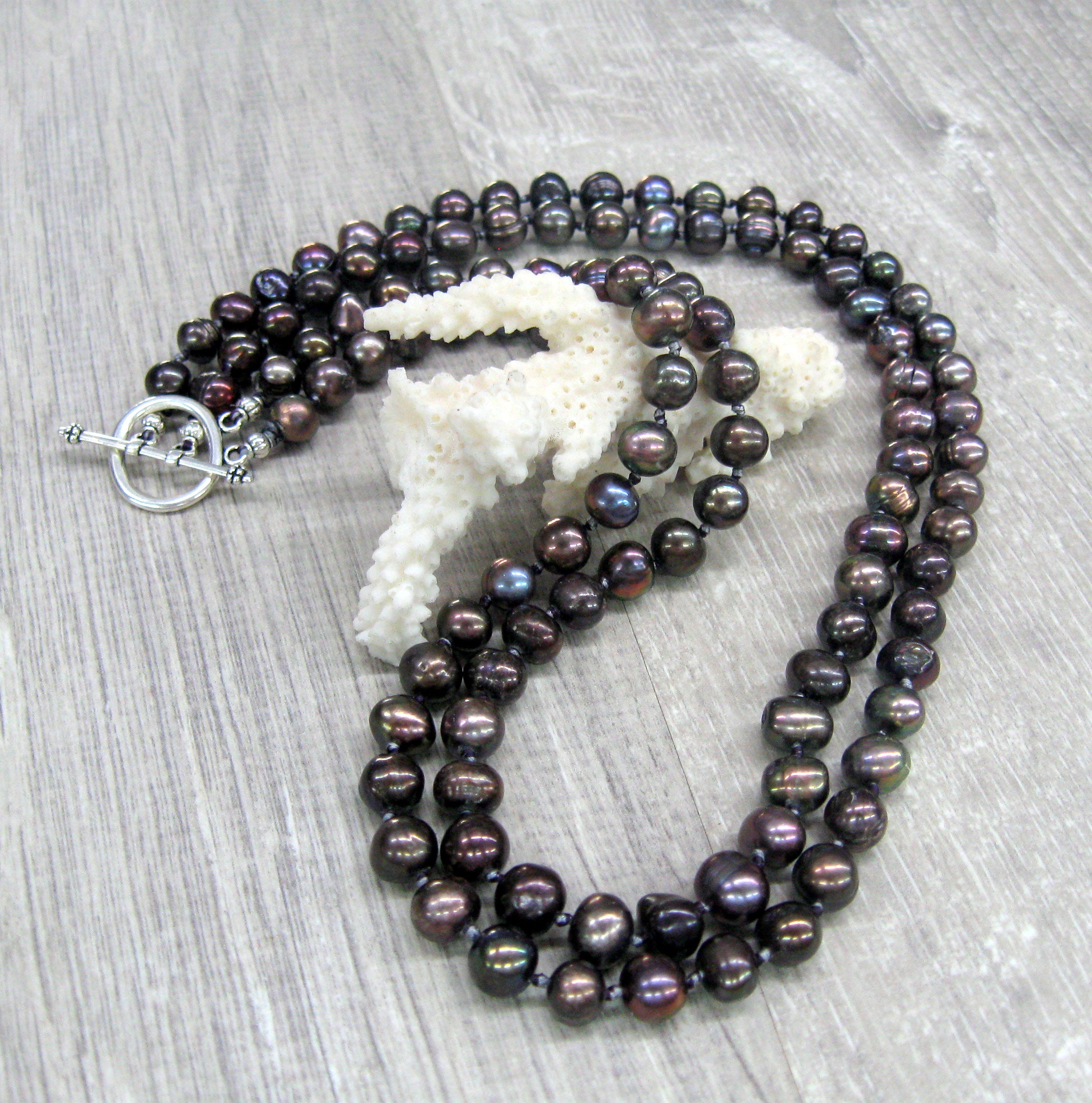 Black peacock pearls Double strand necklace dark pearl jewelry multi strand necklace rainbow pearl statement necklace wedding anniversary