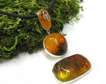 Baltic Amber Pendant Necklace Scorpio Russian vintage Hand crafted jewelry chunky statement pendant rubber cord wax honey amber inclusions