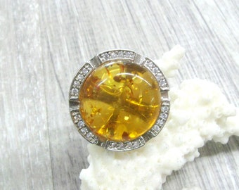 Baltic Amber Statement ring round cocktail ring yellow amber vintage rings for women size 6.5