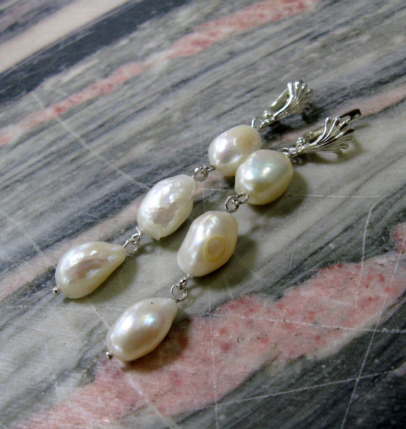 Long nugget pearl earrings natural white baroque pearl drop earrings in sterling silver with shell shaped top image 5
