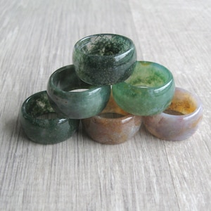 Moss Green Indian agate rings  12 mm  wide solid stone ring size 6 8 9 light pink brown dark green moss agate jewelry Fancy agate