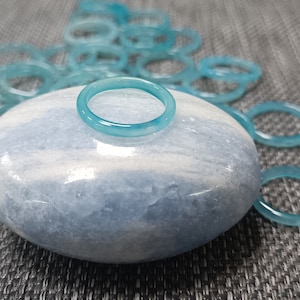 Light dyed blue agate ring, 3 mm wide carved stone band in turquoise color size from 5 1/4 to 8 3/4