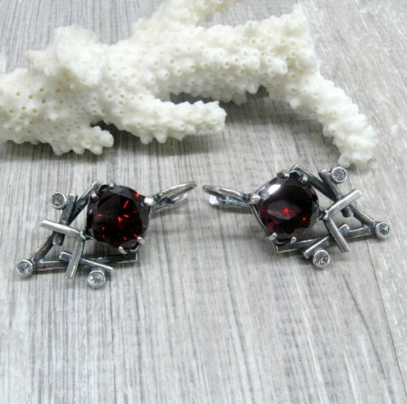 Russian vintage silver earrings Red garnet imitat… - image 5