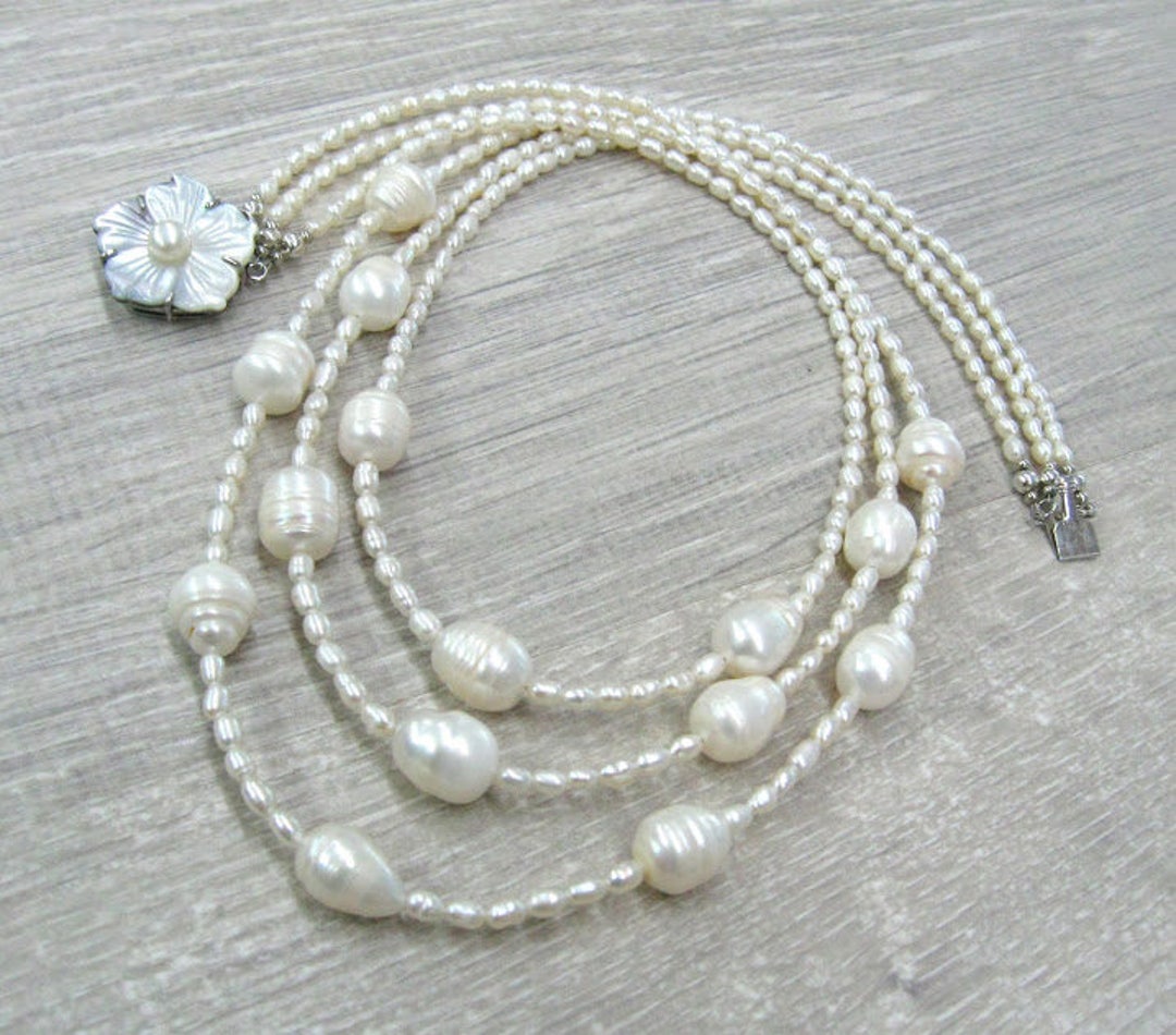 Triple Pearl Necklace Layering Multi Strand Necklaces - Etsy