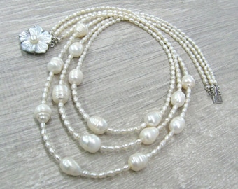 Triple pearl necklace layering multi strand necklaces Mother's day gift for bride wedding pearl jewelry white rice pearls freshwater pearls