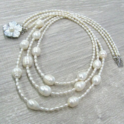 Triple pearl necklace layering multi strand necklaces Mother's day gift for bride wedding pearl shops jewelry white rice pearls freshwater pearls