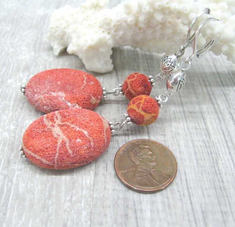 Large Oval Sponge Coral Earrings Soft Red Gemstone Dangle Etsy