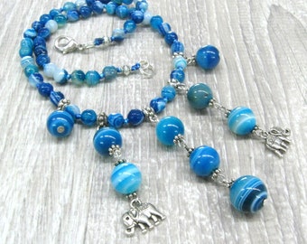 Blue agate gemstone beaded necklace, boho statement bib necklace with 5 dangles and Good luck elephant charm Cute animal jewelry