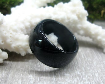 Black onyx wide stone band unisex rings size 6 7 8 9 10 11 12 gemstone rings carved stone wide band his her simple black ring asexual