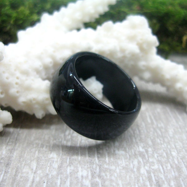 Black onyx wide stone band unisex rings size 6 7 8 9 10 11 12 gemstone rings carved stone wide band his her simple black ring asexual