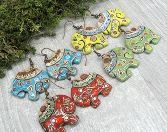 Cute elephant earrings ceramic charm earrings pottery jewelry whimsical earrings handmade jewelry boho earrings India inspired