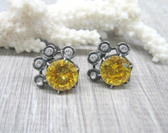 Russian vintage silver earrings Sunny Yellow Swarovski crystal jewelry round flower shape latch back earrings sparkling yellow earrings